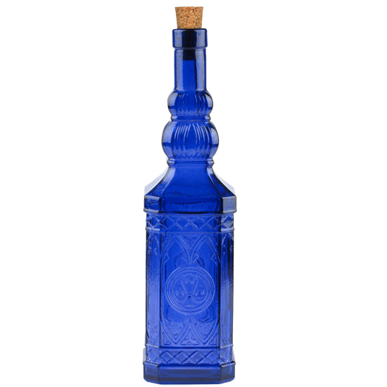 23.7oz ornate recycled glass bottle cobalt blue with cork
