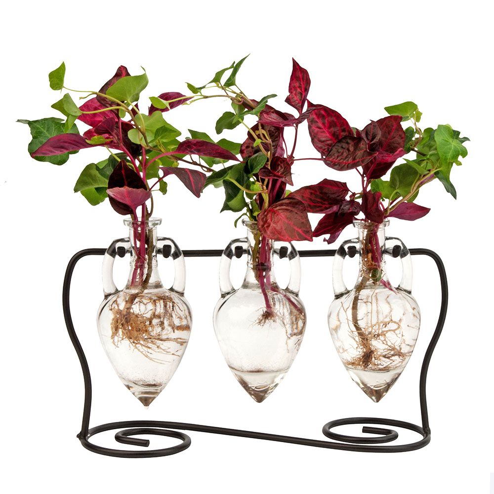 Amphora Three Recycled Glass Vases & Metal Stand 