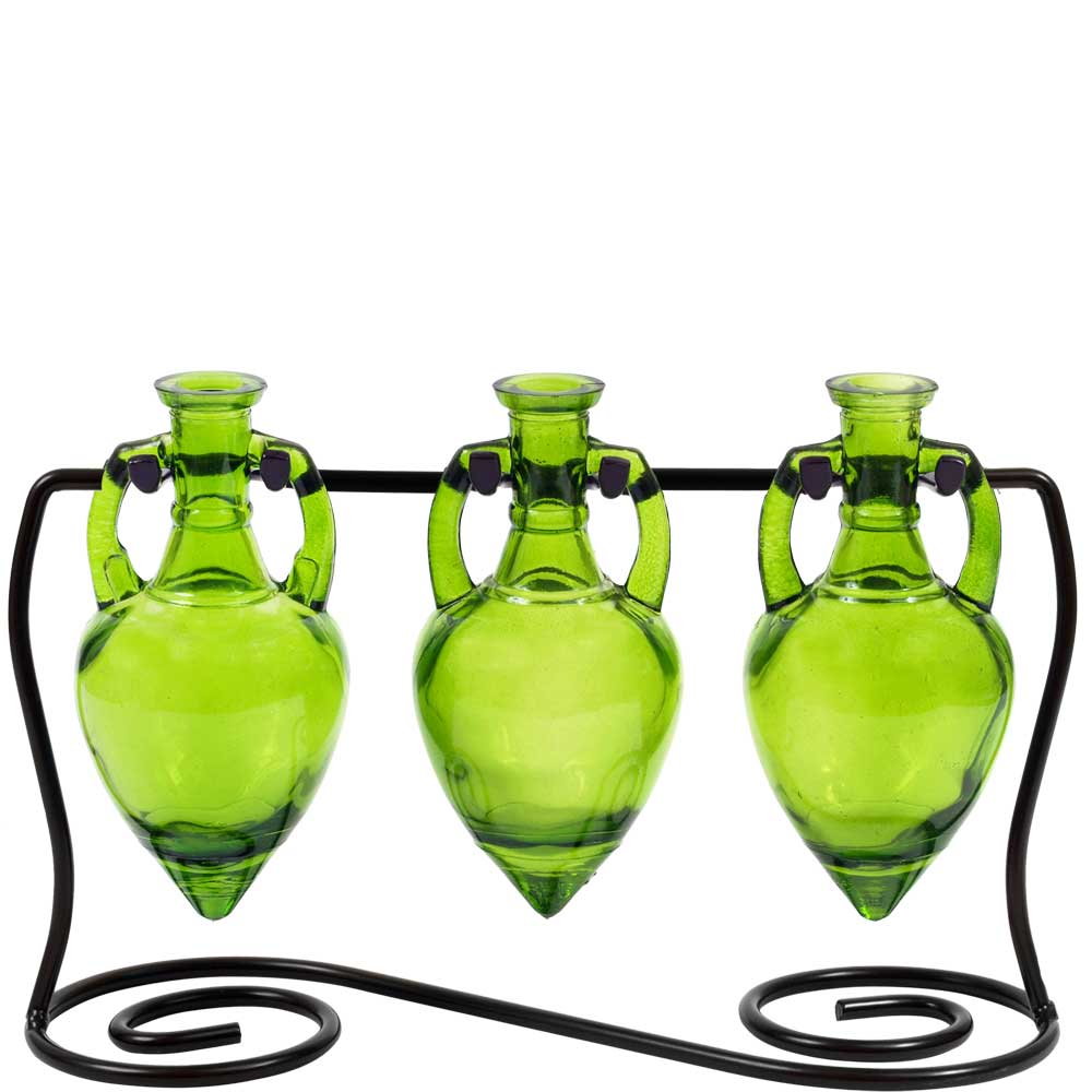 Amphora Three Recycled Glass Vases & Metal Stand - Lime