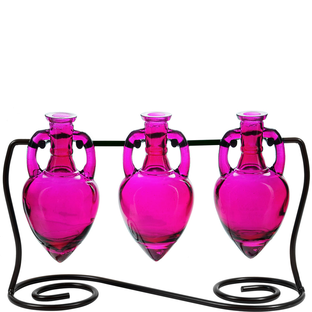 Amphora Three Recycled Glass Vases & Metal Stand - Fuchsia