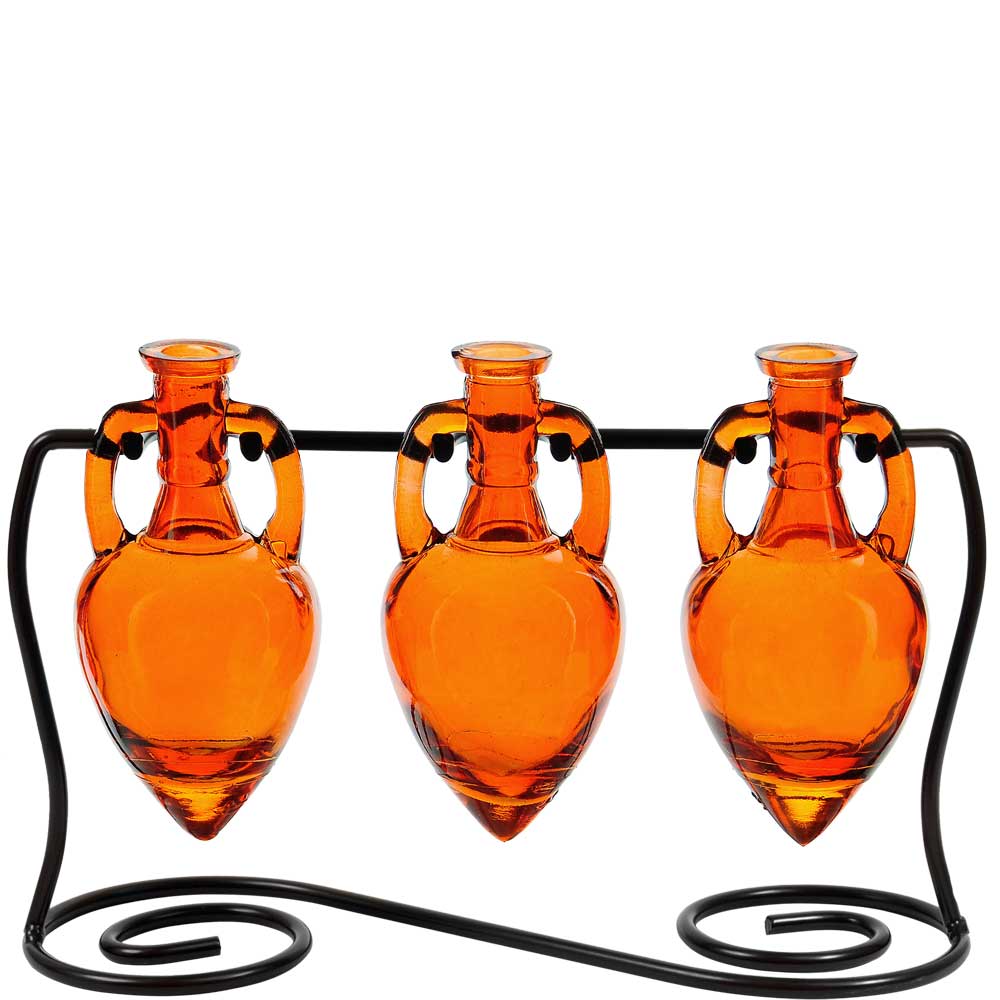 Amphora Three Recycled Glass Vases & Metal Stand - Orange