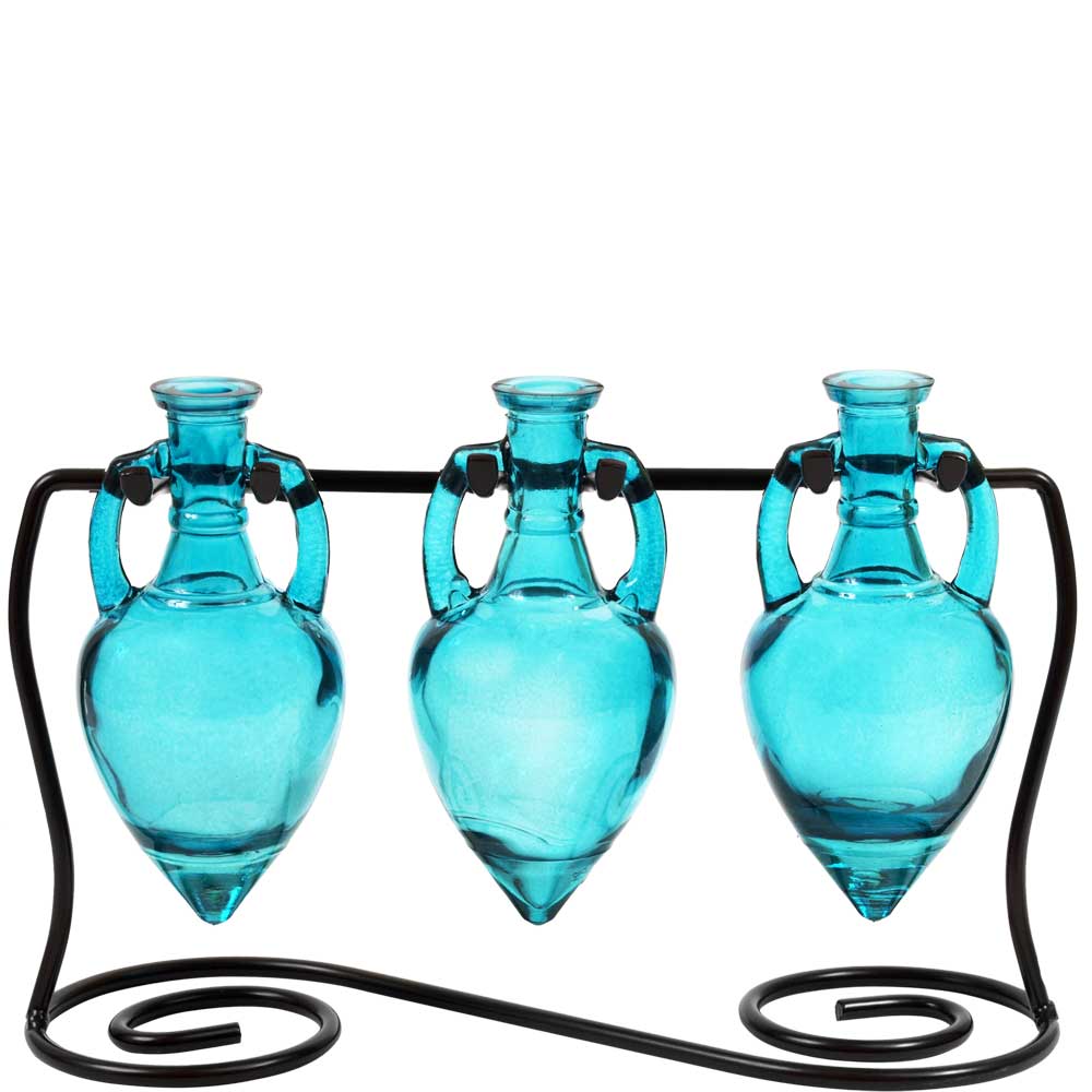 Amphora Three Recycled Glass Vases & Metal Stand - Aqua