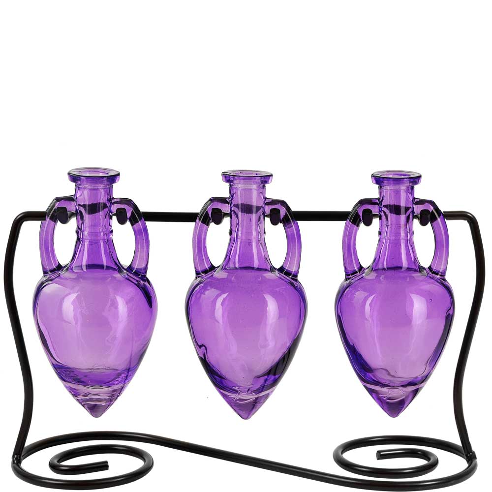 Amphora Three Recycled Glass Vases & Metal Stand - Lilac