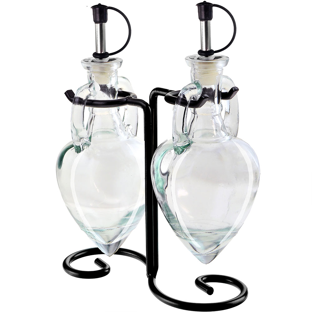 Amphora Double Oil & Vinegar Glass Cruet Set w/ Stand - Clear