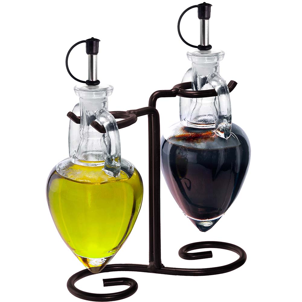 Amphora Double Oil & Vinegar Glass Cruet Set w/ Stand - Lime
