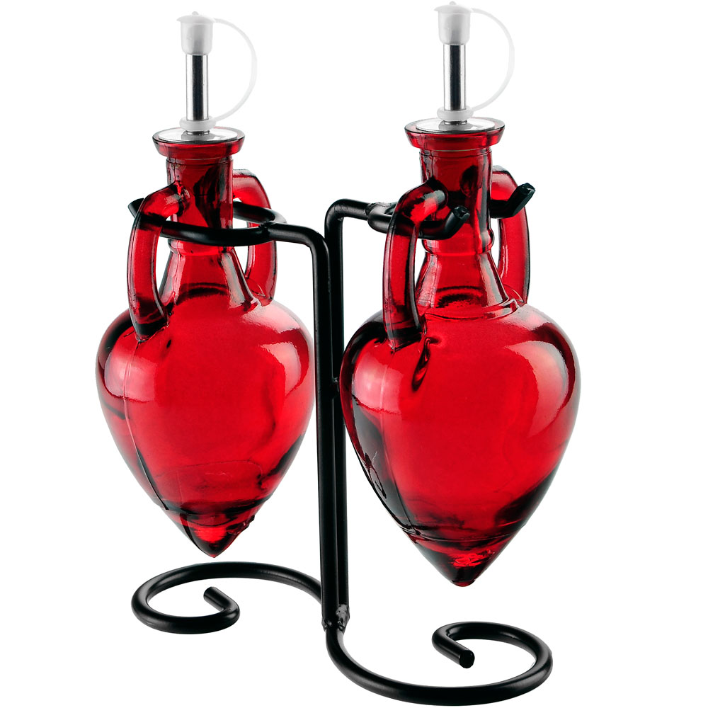 Amphora Double Oil & Vinegar Glass Cruet Set w/ Stand - Red