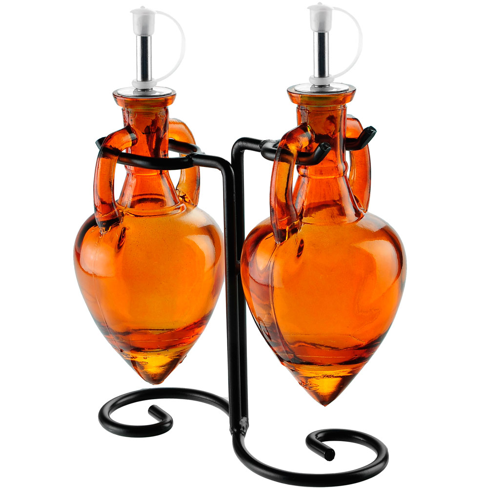 Amphora Double Oil & Vinegar Glass Cruet Set w/ Stand - Orange