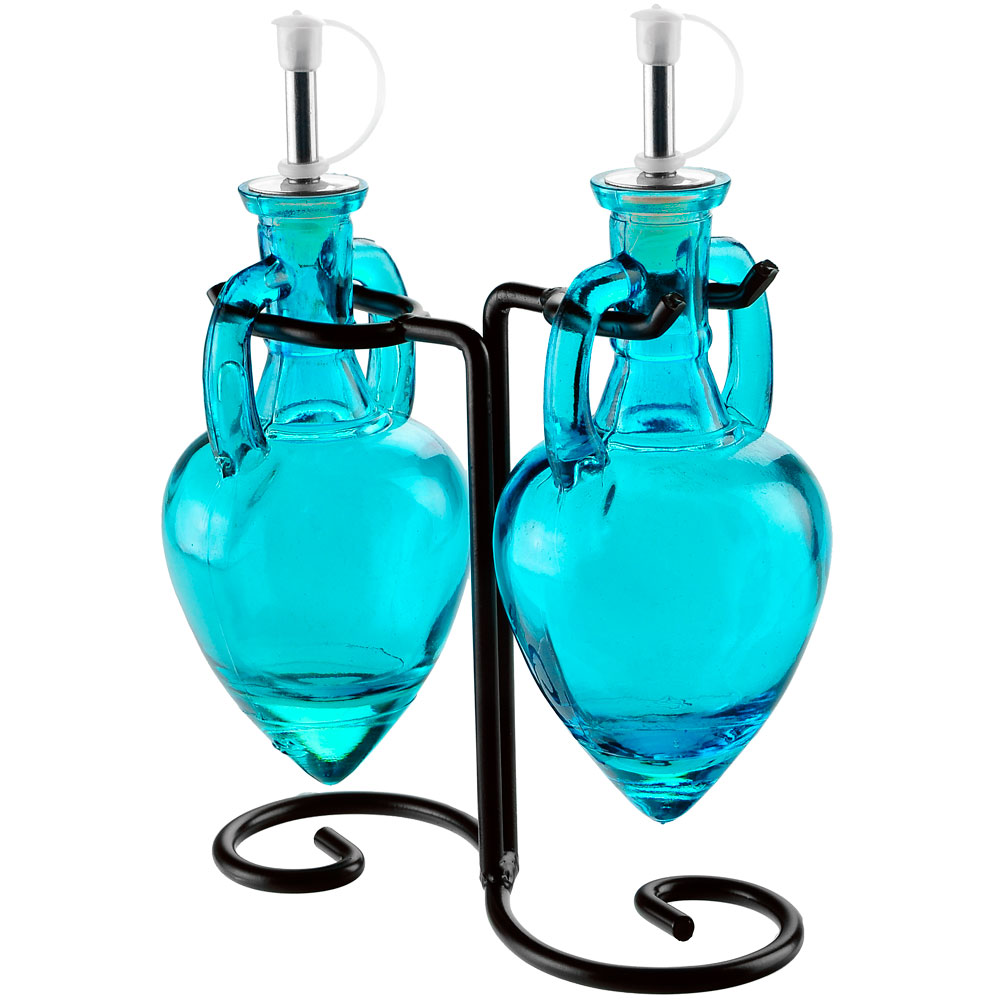 Amphora Double Oil & Vinegar Glass Cruet Set w/ Stand - Aqua