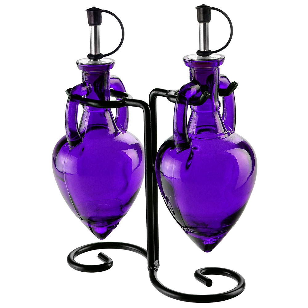 Amphora Double Oil & Vinegar Glass Cruet Set w/ Stand - Violet