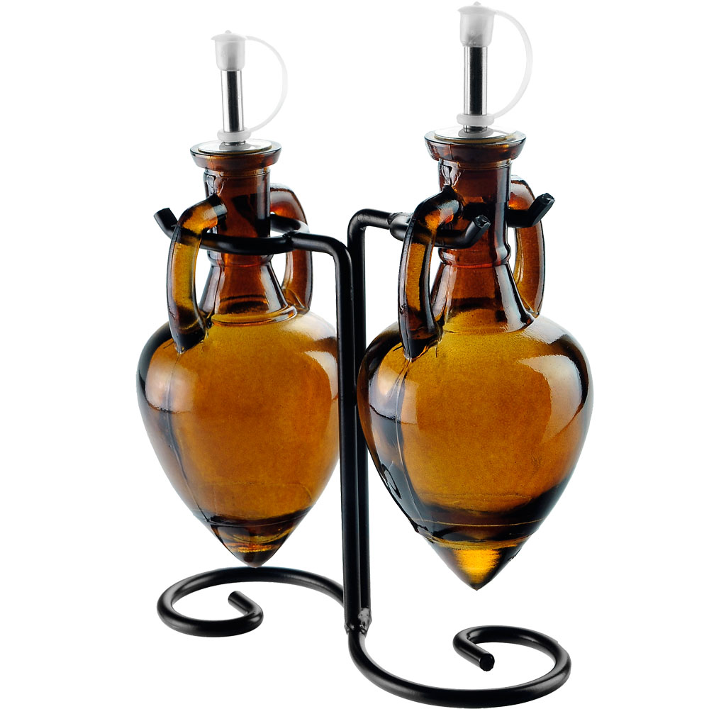 Amphora Double Oil & Vinegar Glass Cruet Set w/ Stand - Dark Amber
