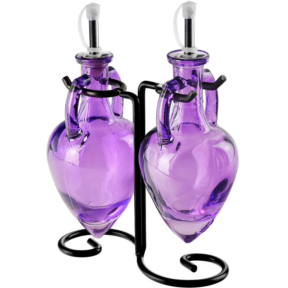 Amphora Double Oil & Vinegar Glass Cruet Set w/ Stand - Lilac
