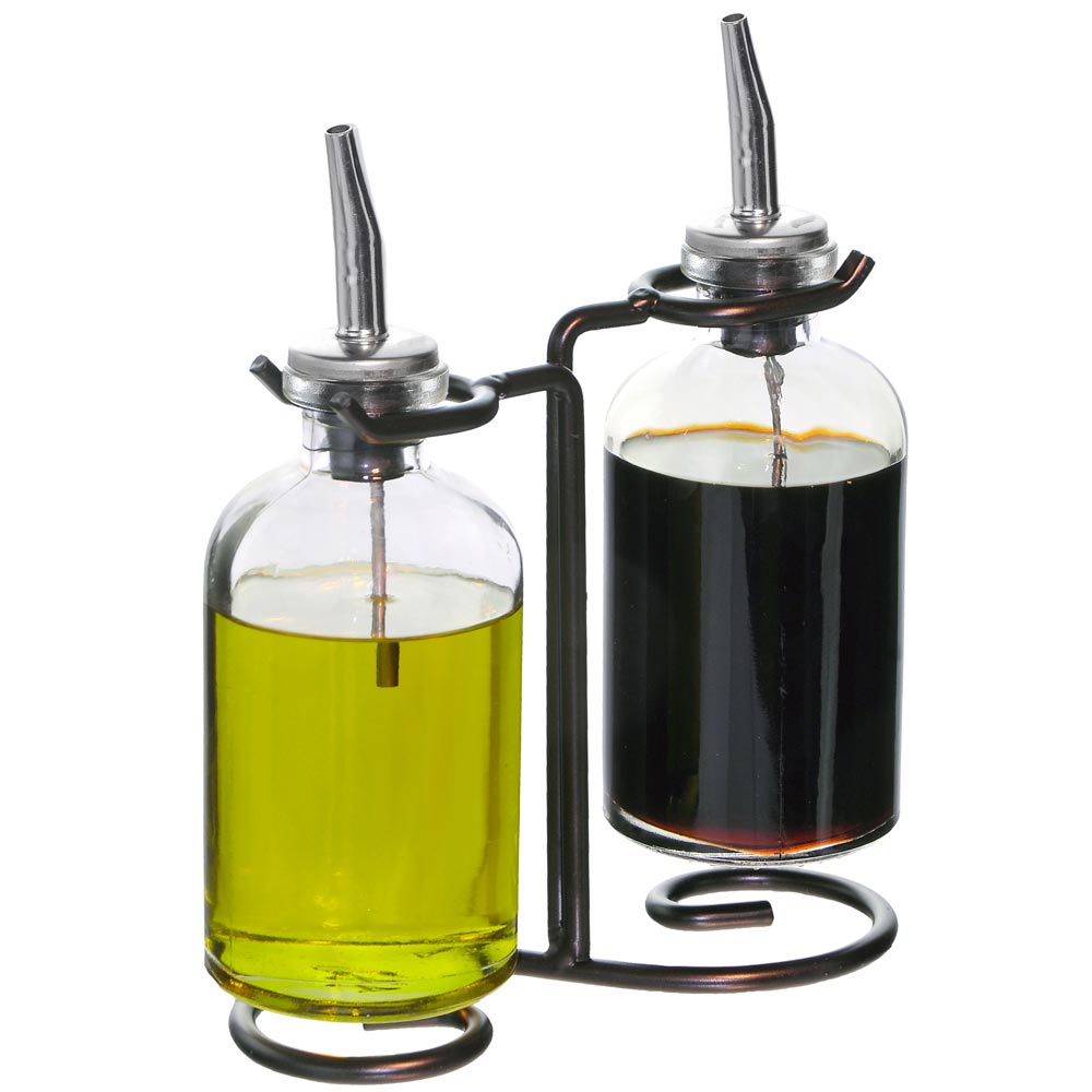 6.1 oz 2 Couronne Company Amphora Double Oil & Vinegar Glass Cruet Set w/ Stand Vintage Green 1 Piece 