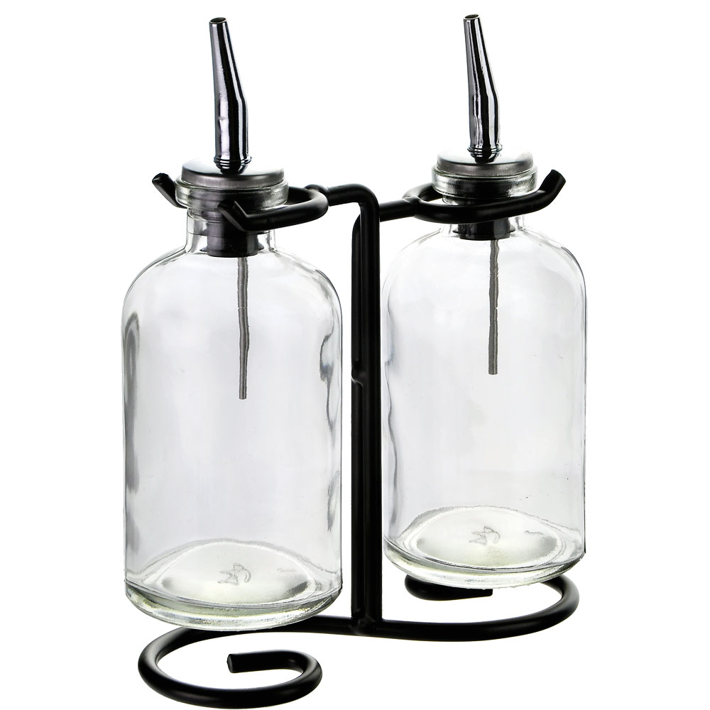 Apothecary Double Oil & Vinegar Glass Cruet Set w/ Stand - Clear