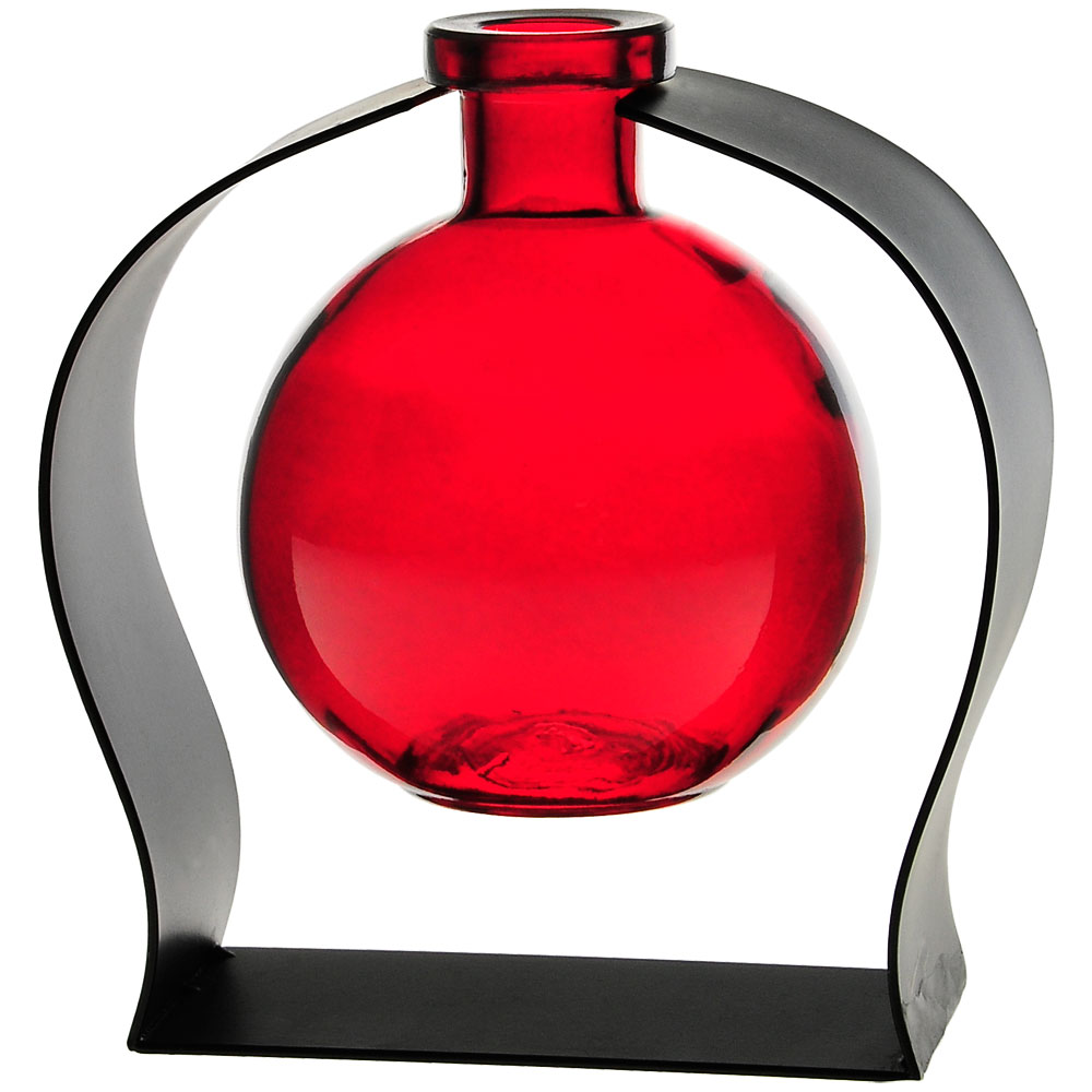 Ball Recycled Glass Vase & Arched Metal Stand - Red