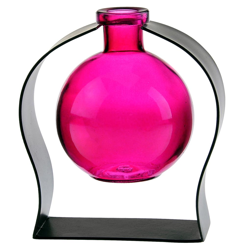Ball Recycled Glass Vase & Arched Metal Stand - Fuchsia