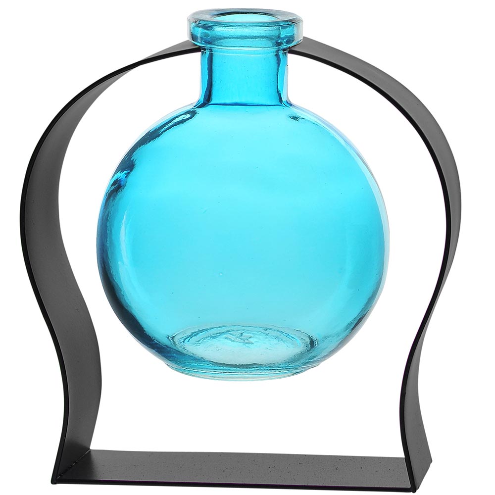 Ball Recycled Glass Vase & Arched Metal Stand - Aqua
