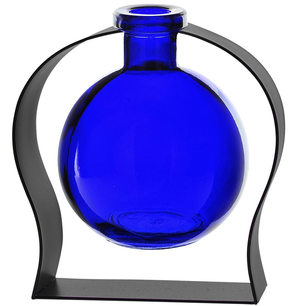 Ball Recycled Glass Vase & Arched Metal Stand - Cobalt Blue
