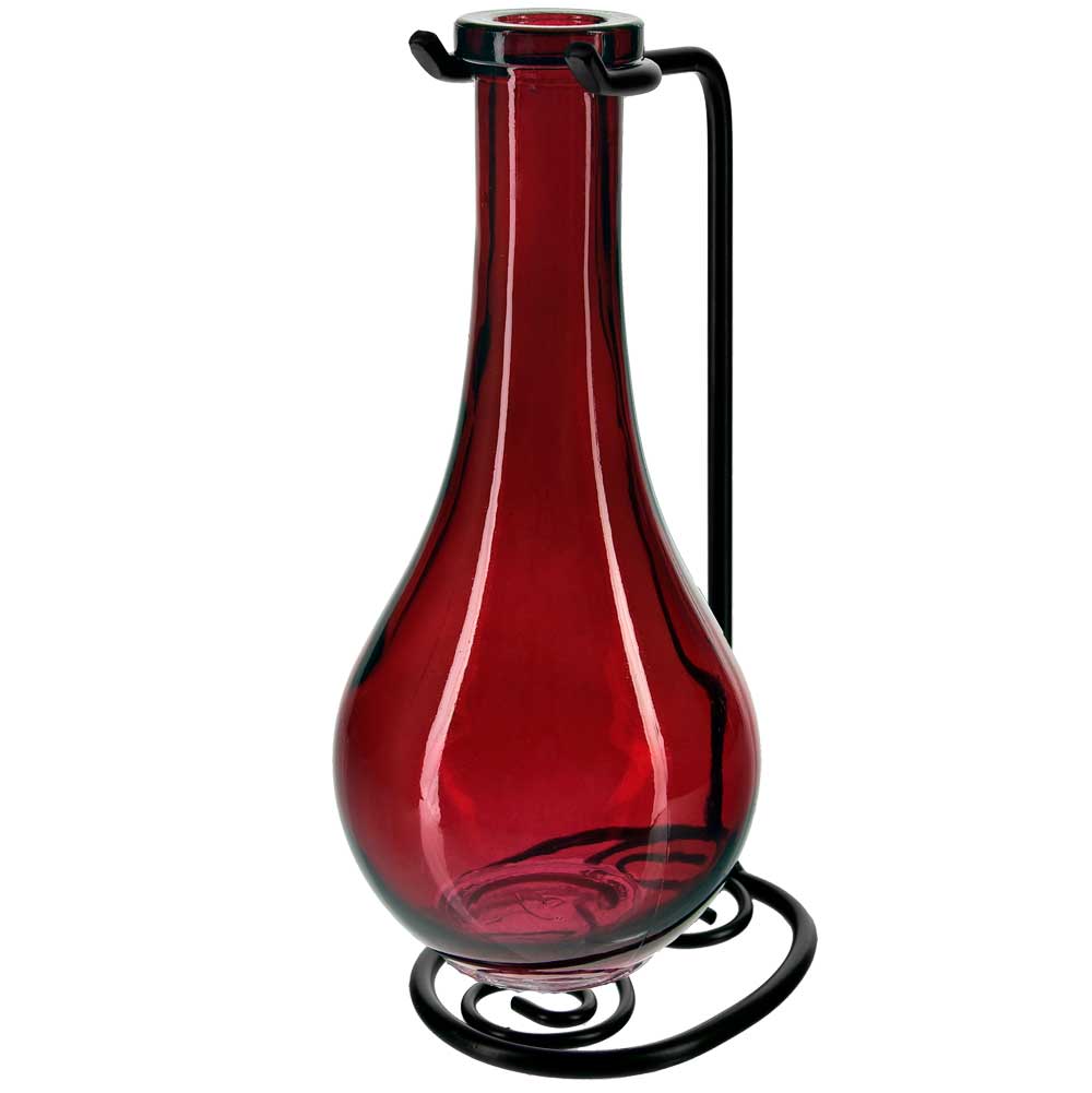 Drop Recycled Glass Vase & Metal Stand - Red