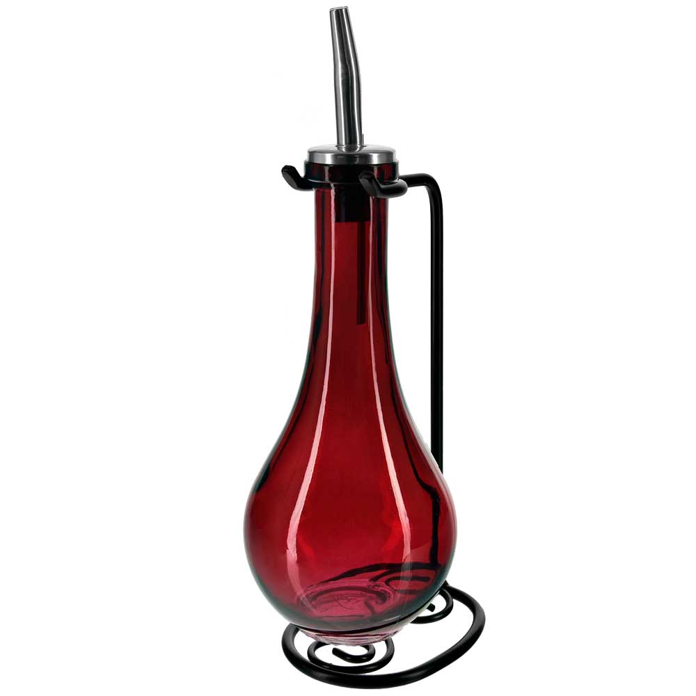 Drop Single Oil & Vinegar Glass Cruet Set w/Stand - Red