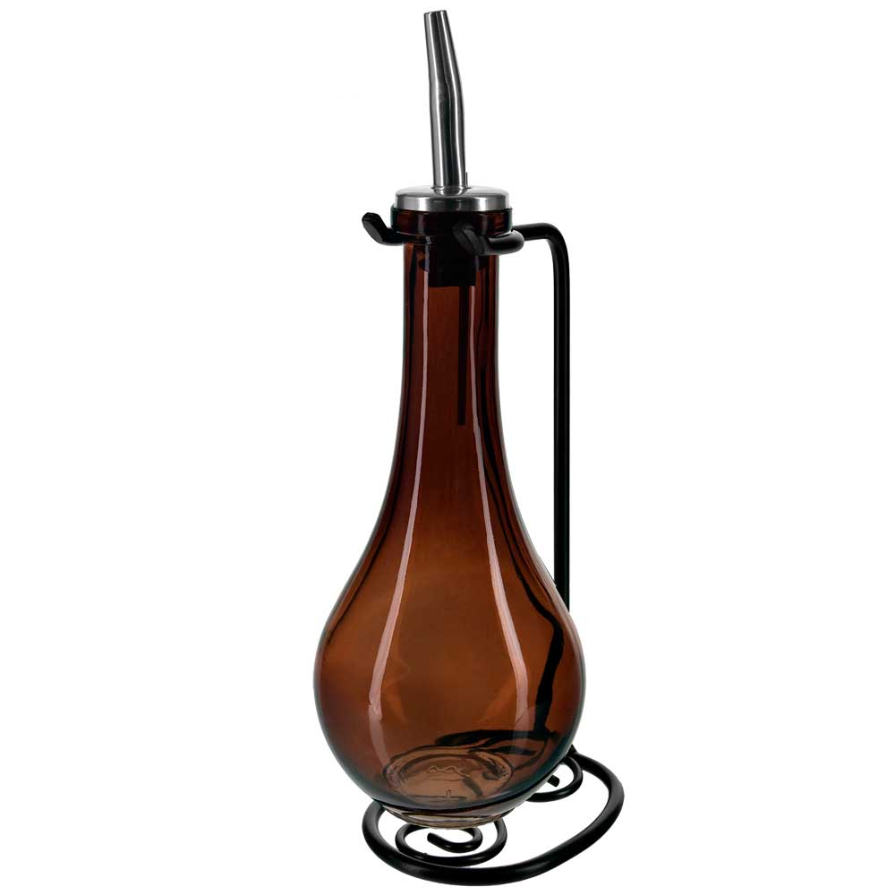 Drop Single Oil & Vinegar Glass Cruet Set w/Stand - Dark Amber