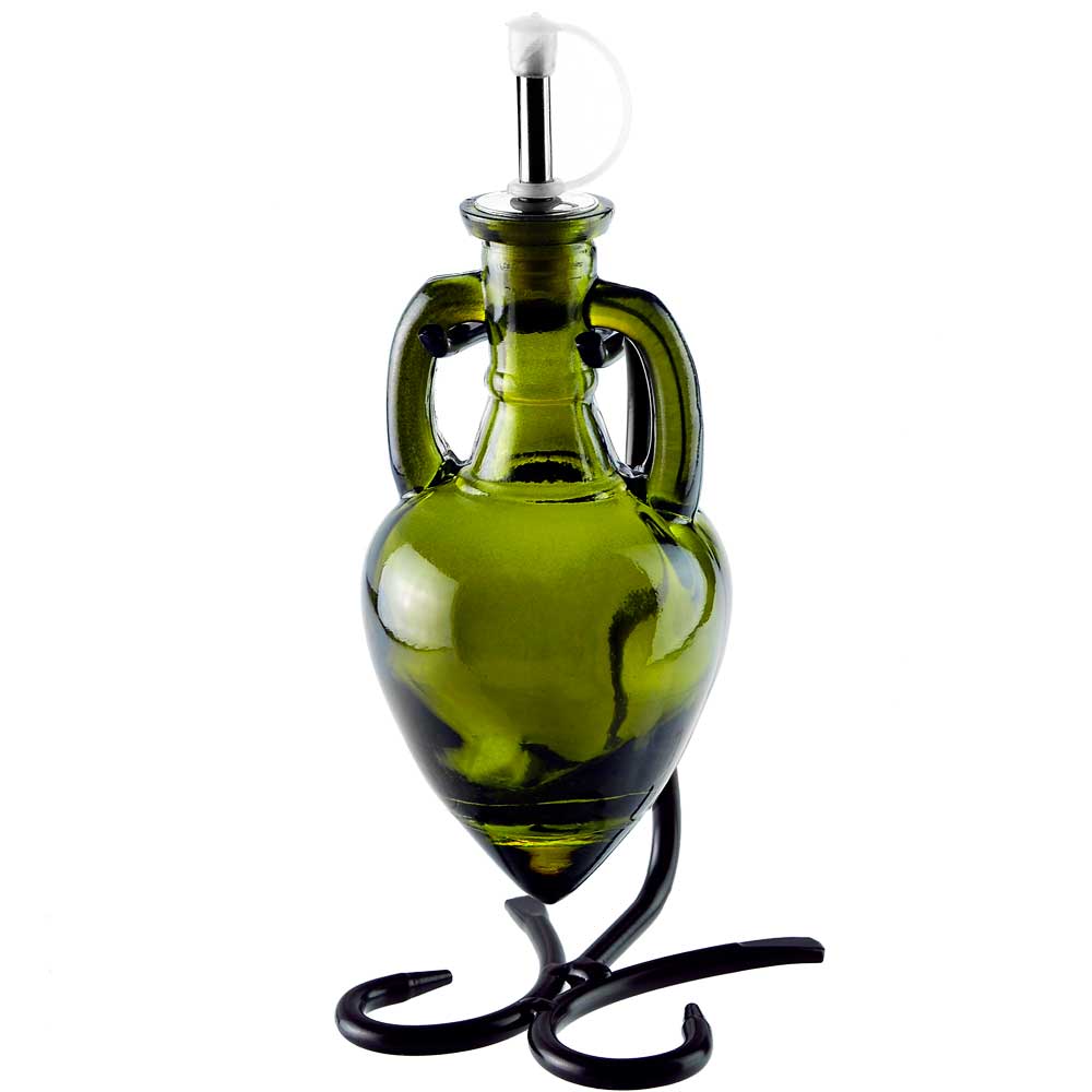 Amphora Single Oil & Vinegar Glass Cruet Set w/Stand - Vintage Green