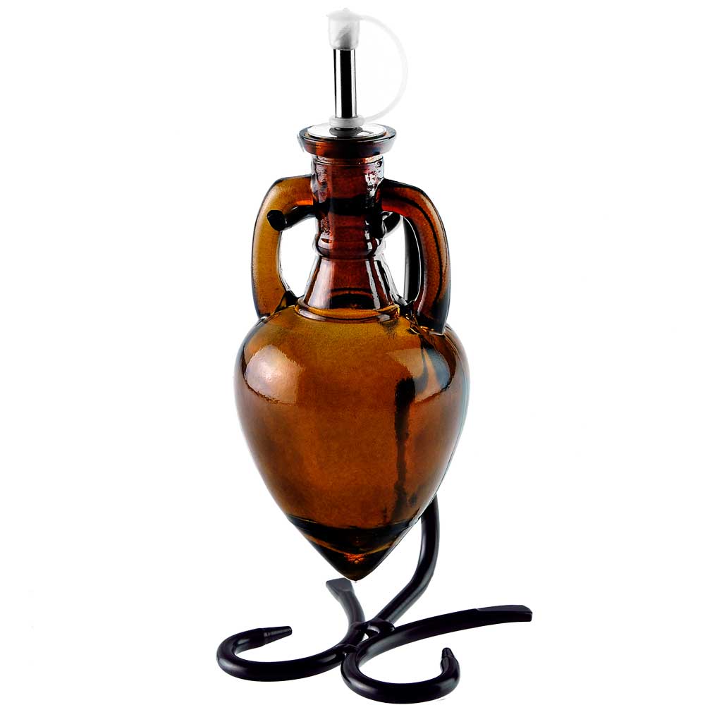 Amphora Single Oil & Vinegar Glass Cruet Set w/Stand - Dark Amber