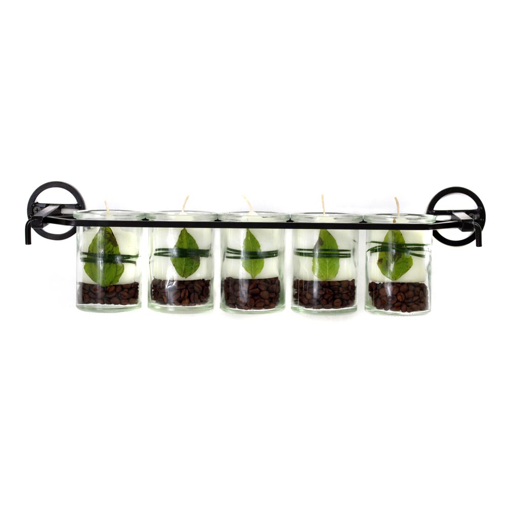 Five Round Glass Containers & Metal Stand