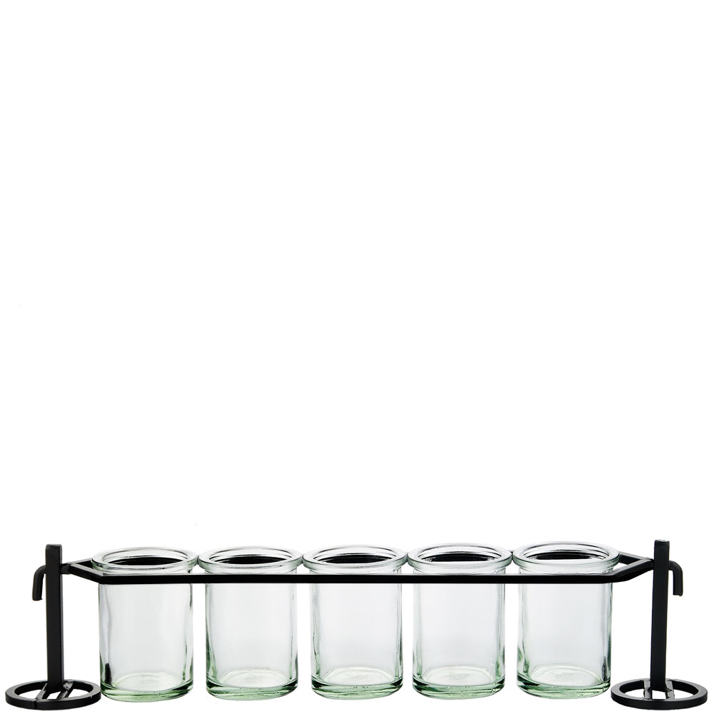 Five Round Glass Containers & Metal Stand - Clear