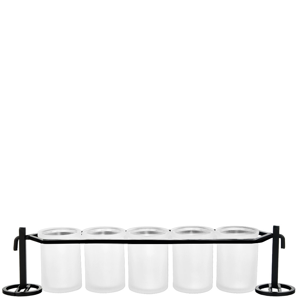Five Round Glass Containers & Metal Stand - Frosted