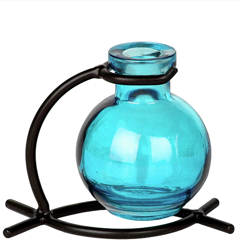 Casablanca Recycled Glass Vase & Metal Stand - Aqua