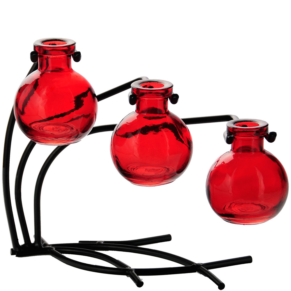 Casablanca Three Recycled Glass Vases & Metal Stand - Red