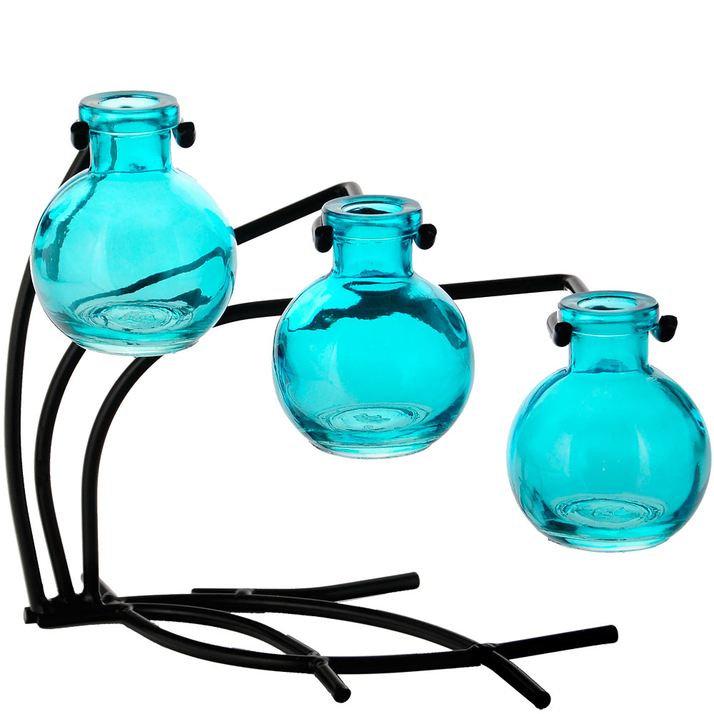 Casablanca Three Recycled Glass Vases & Metal Stand - Aqua