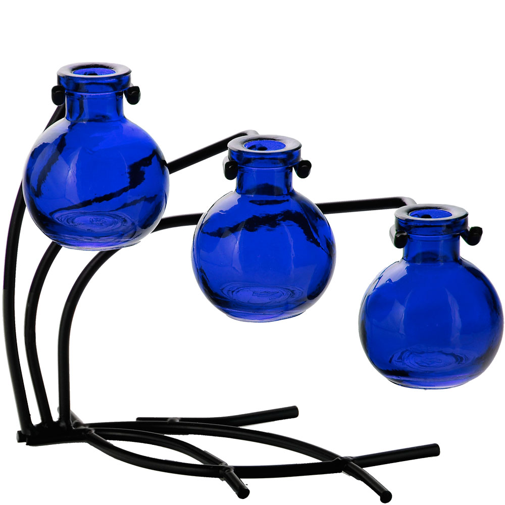 Casablanca Three Recycled Glass Vases & Metal Stand - Cobalt Blue