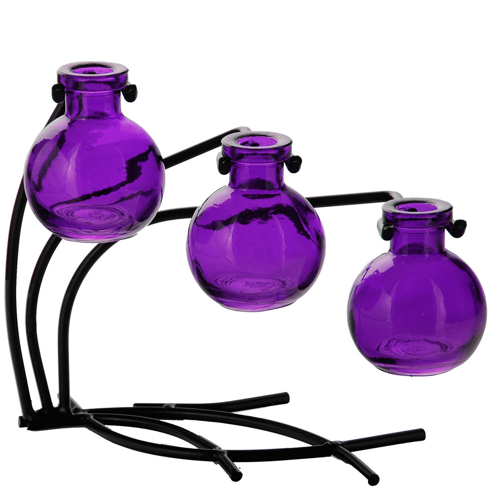 Casablanca Three Recycled Glass Vases & Metal Stand - Violet