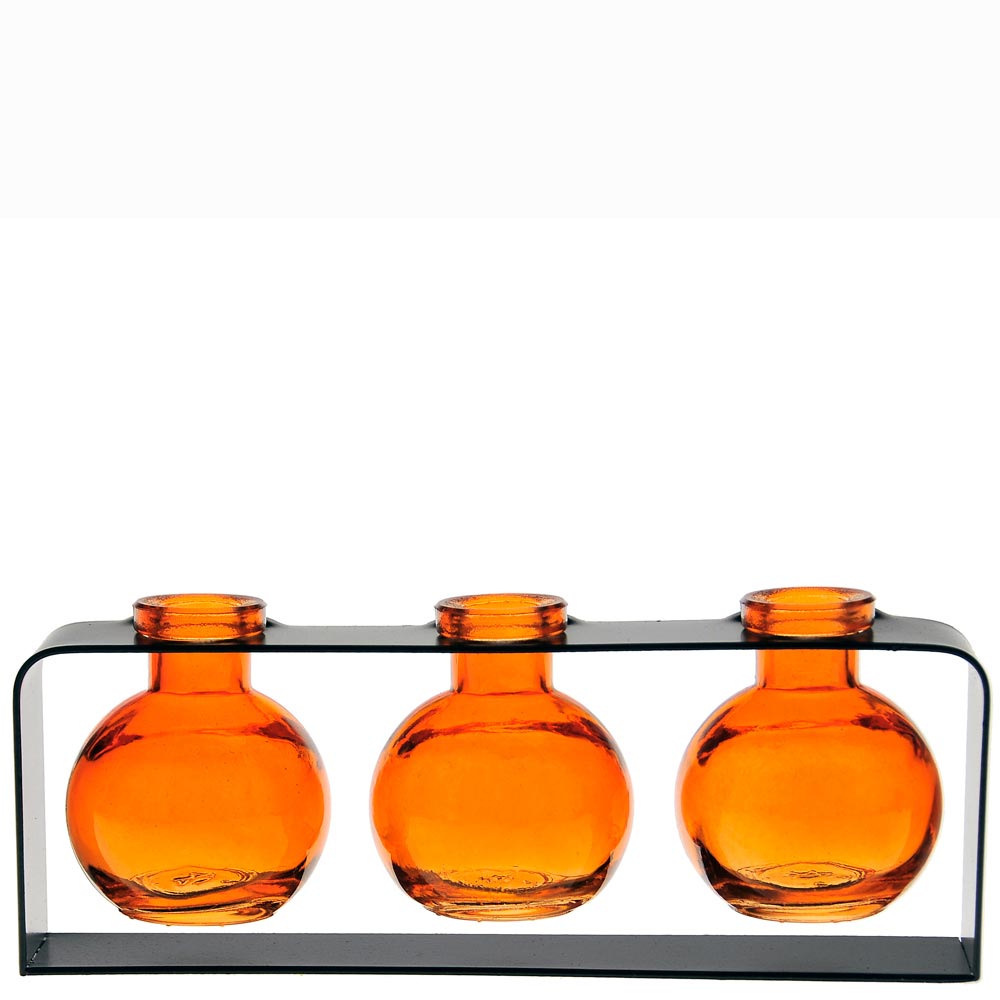 Trivi Three Recycled Glass Vases & Metal Stand - Orange