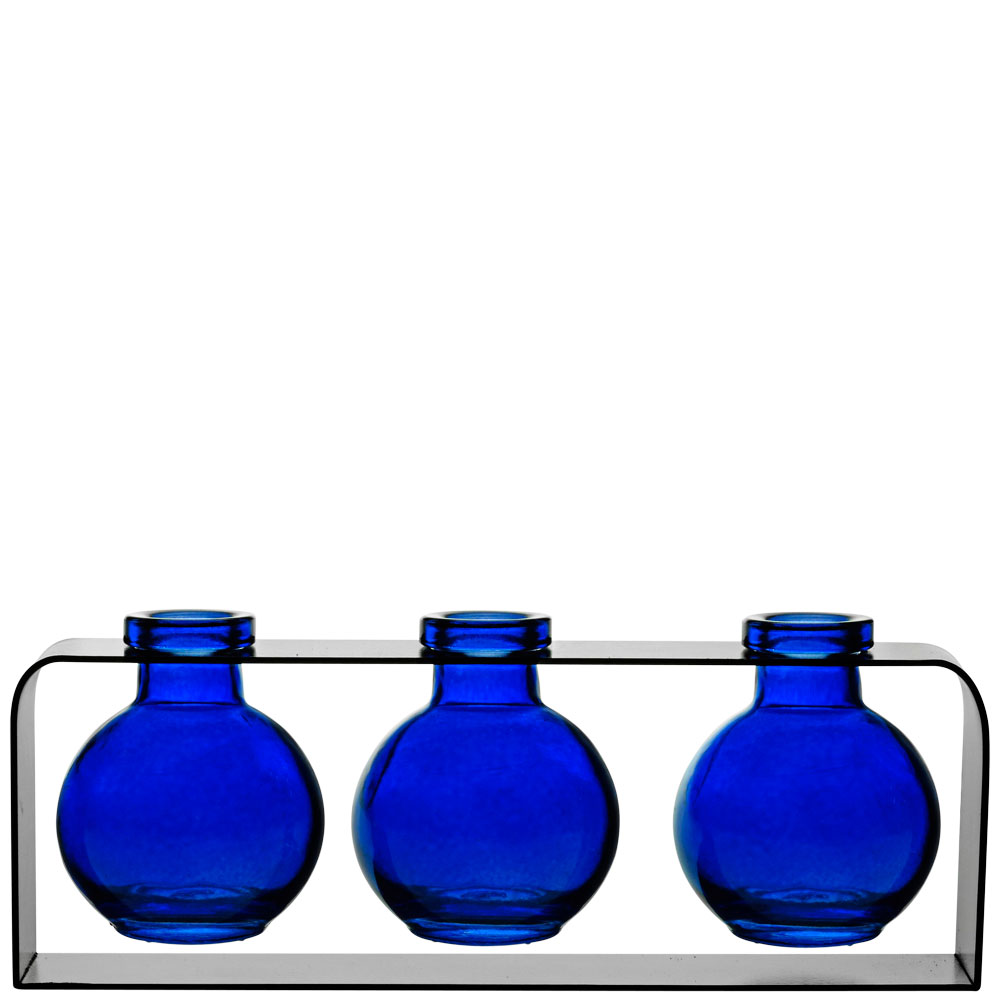 Trivo Three Recycled Glass Vases & Metal Stand - Cobalt Blue