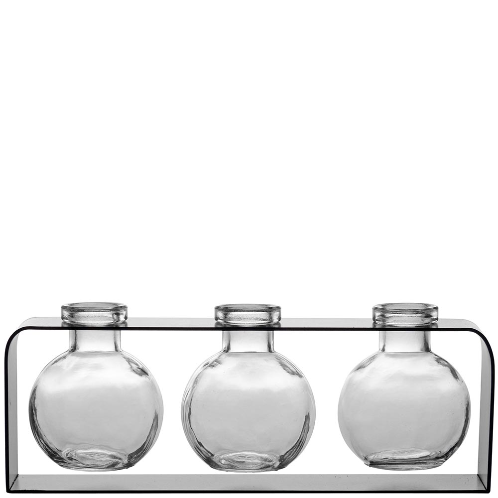 Trivo Three Recycled Glass Vases & Metal Stand - Clear