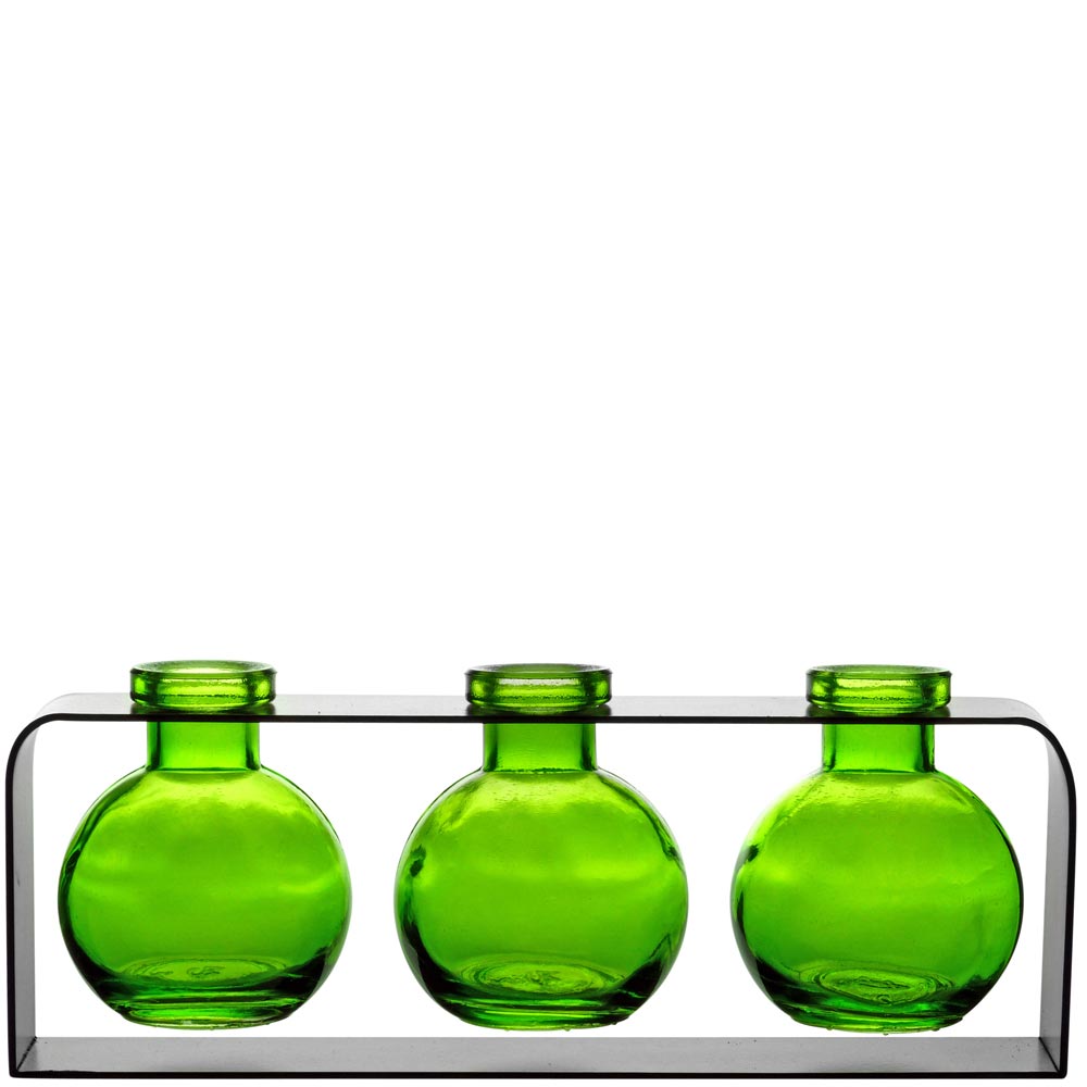 Trivo Three Recycled Glass Vases & Metal Stand - Lime